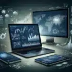 A modern and professional digital illustration showing a selection of derivative trading platforms on various devices like a laptop, tablet, and smart