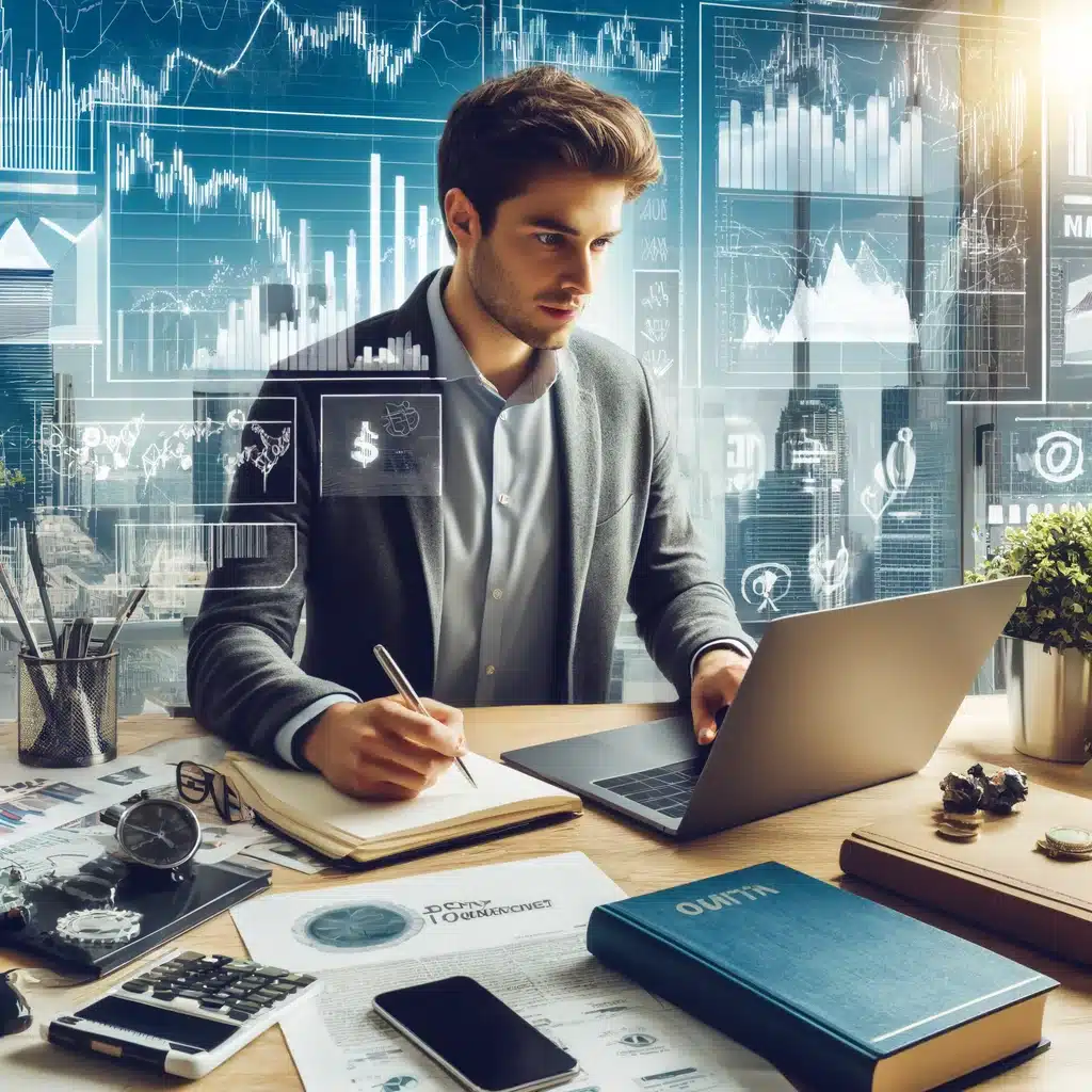 What Tools Do I Need to Start Investing in 2025? 3 Young investor surrounded by essential investment tools in a bright, modern workspace, actively engaging in financial learning.