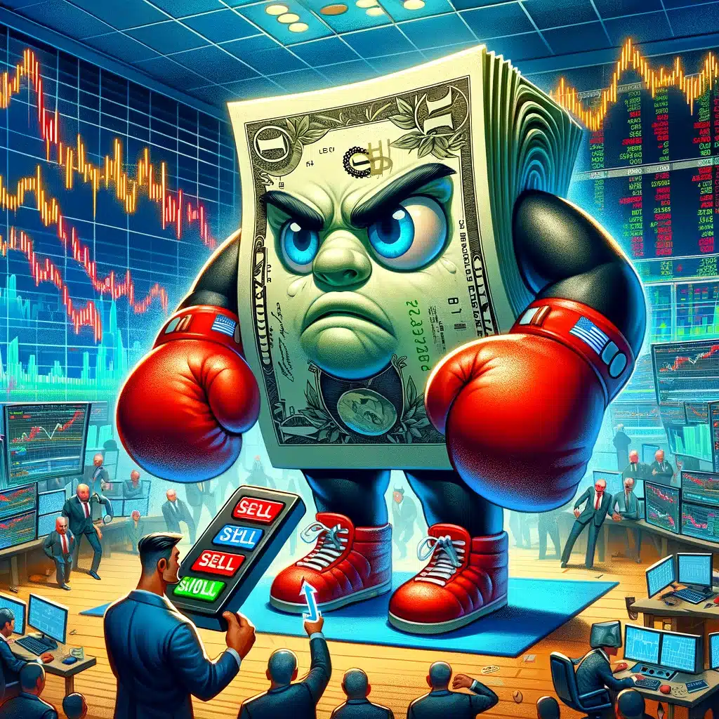 visualizes the concept of "how to short the dollar" in an abstract, metaphorical way. Imagine a giant, cartoonish dollar bill wearing boxing gloves, looking distressed and surrounded by falling stock market charts and graphs to symbolize its decreasing value. In the foreground, a character, stylized as a savvy investor, is depicted with a confident smirk, holding a remote control with buttons labeled "Sell" and "Short," aimed at the dollar, illustrating the investor's strategy to profit from the dollar's decline