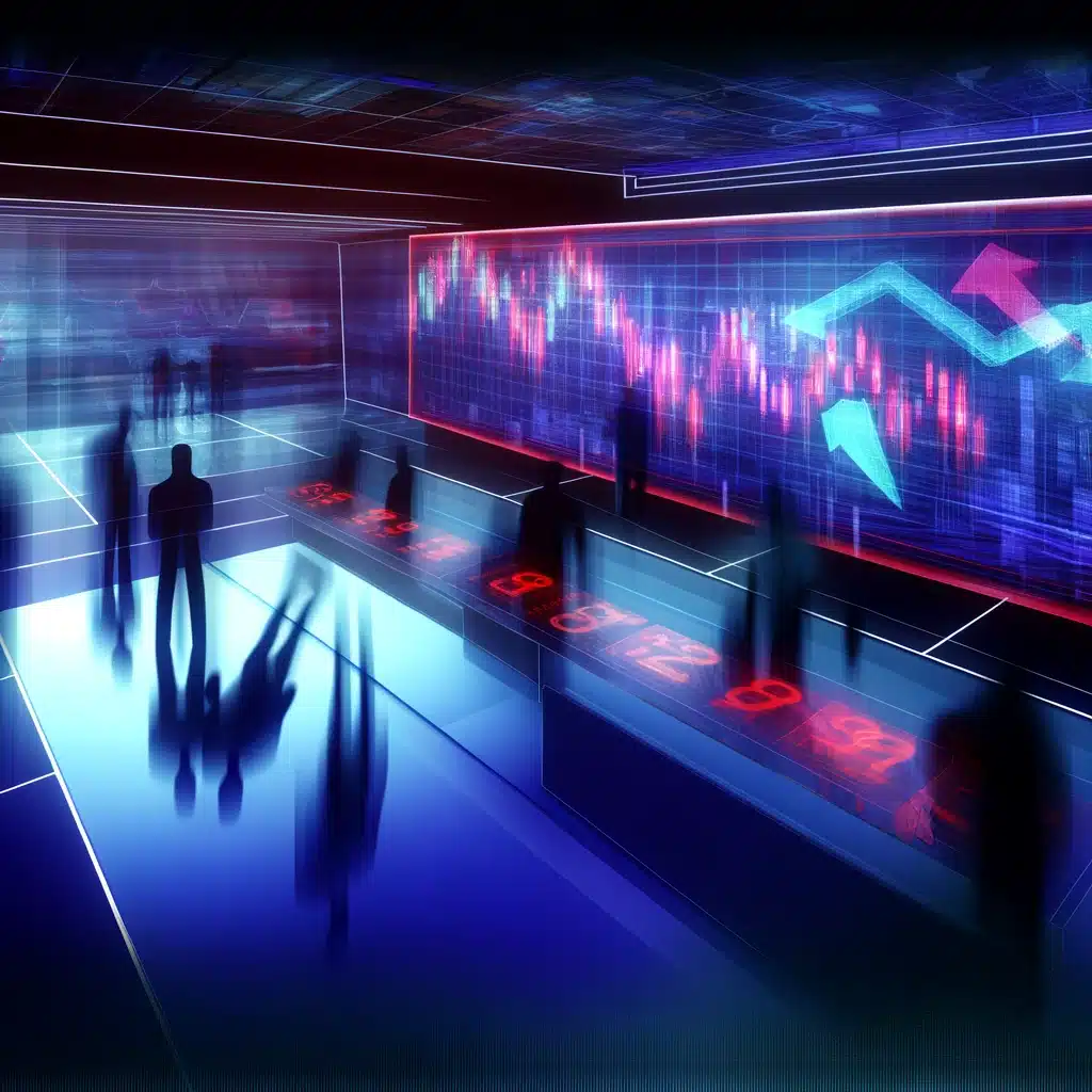 abstractly represents the concept of how to short the Dow Jones. Imagine a scene set on a stylized, digital trading floor. The foreground features a sleek, futuristic trading desk with multiple holographic screens floating above it