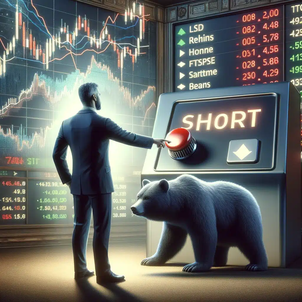 reflecting the concept of how to short the ftse, featuring a trader in front of a stock market board with a downward trend, ready to short the market.