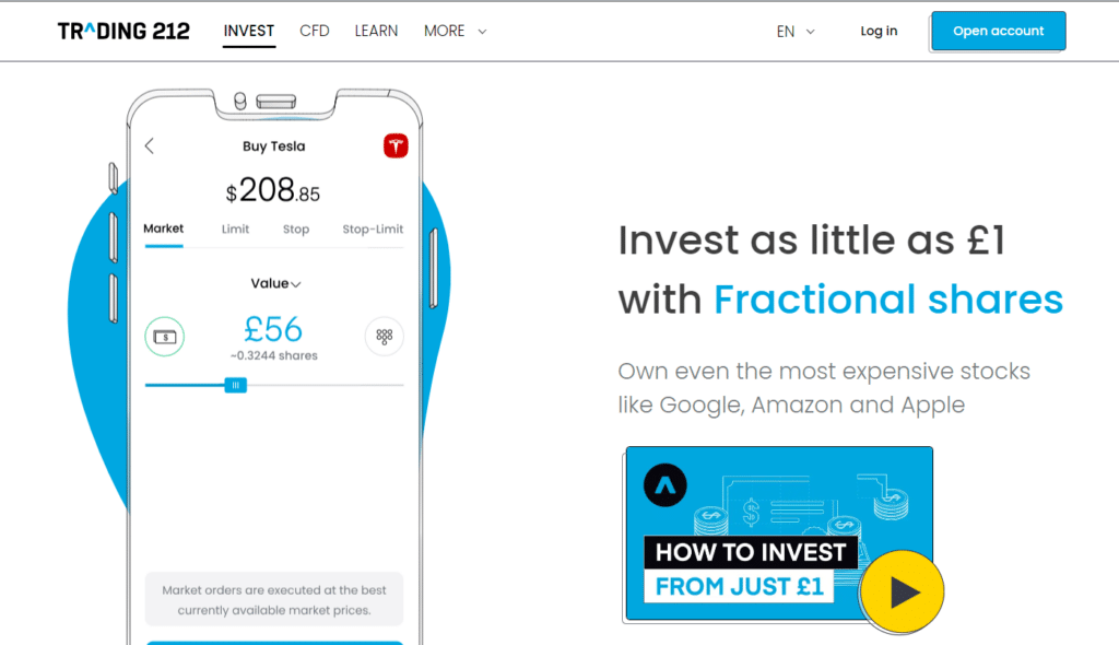 Interactive mobile app interface showcasing Trading 212 Invest platform with fractional shares investment option in stocks like Tesla, Google, Amazon, and Apple, emphasizing low entry investment with just £1.