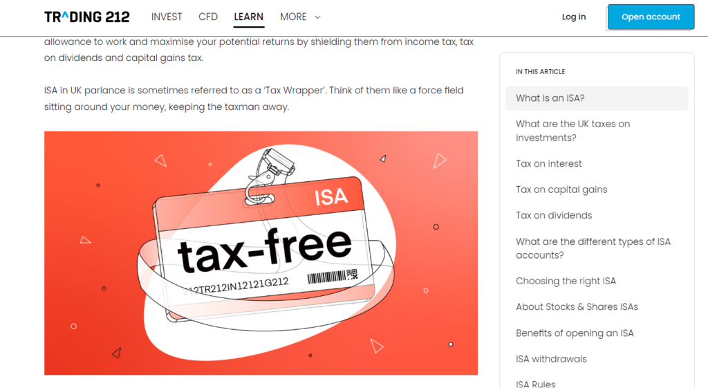 Bold graphic highlighting Trading 212 ISA account benefits with tax-free label, illustrating the tax wrapper concept to protect investments from UK income tax, capital gains tax, and dividend tax, conveying a secure money shield.