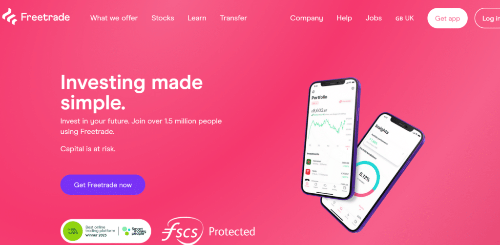 Freetrade homepage showcasing user-friendly trading platform for easy navigation and investment options.
