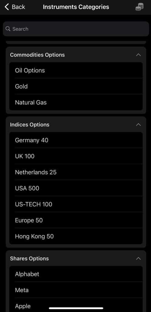 Plus500 app showing different commodities indices and shares tradeable via CFDs