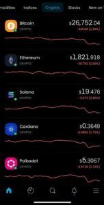 Trading 212 app screenshot of various crypto prices