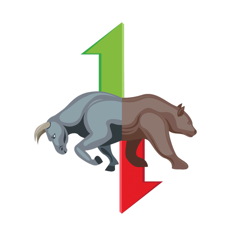 Bull and bear pulling away from each other with green and red arrows