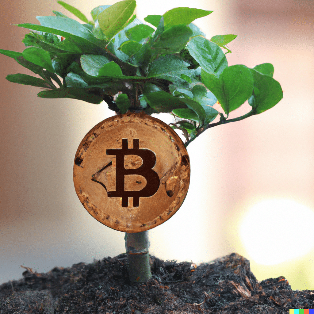 Little tree growing with Bitcoin emblem on the trunk