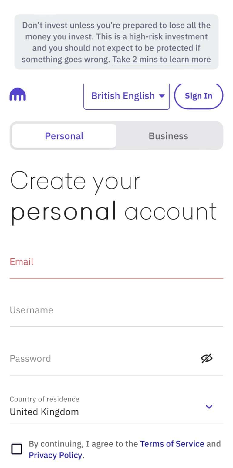 Kraken screenshot to demonstrate the mobile sign up screen
