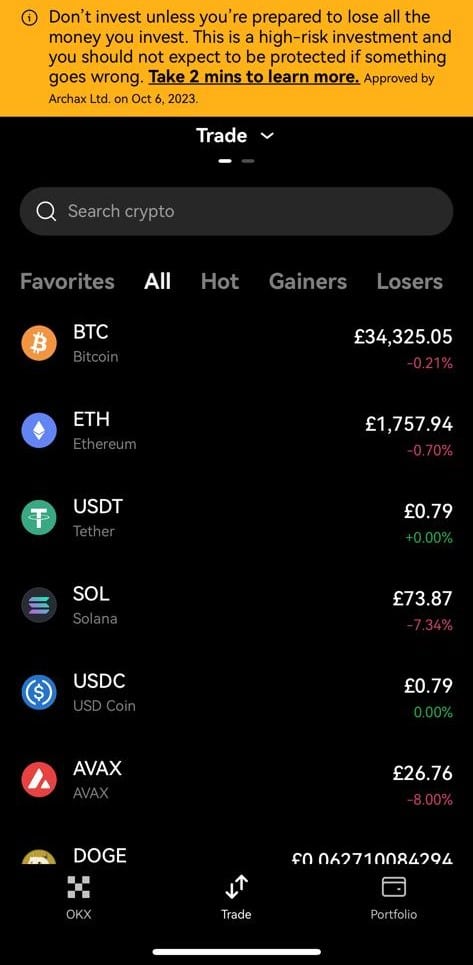 OKX Trading Mobile Screengrab to demonstrate user interface