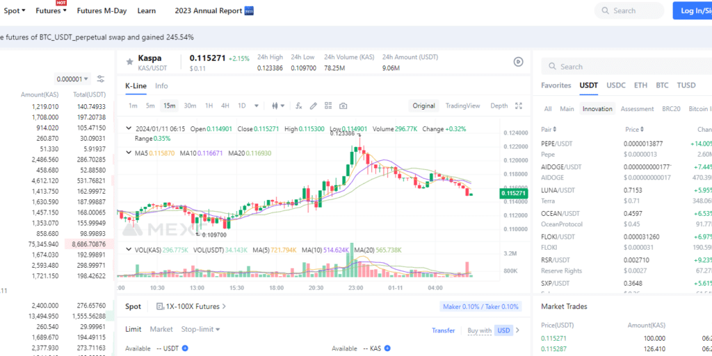 mexc spot trading webpage snippet