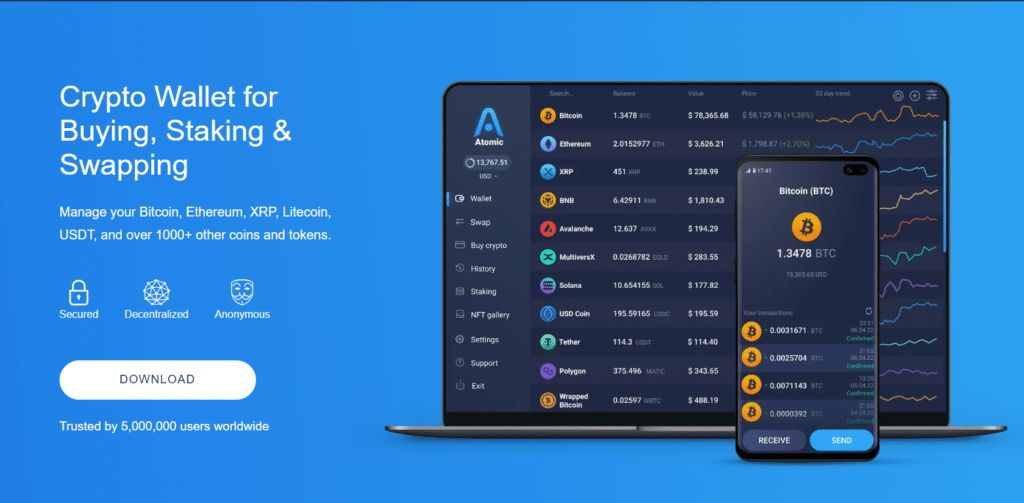 atomic wallet screen shot showing different supported cryptocurrencies and ease of use