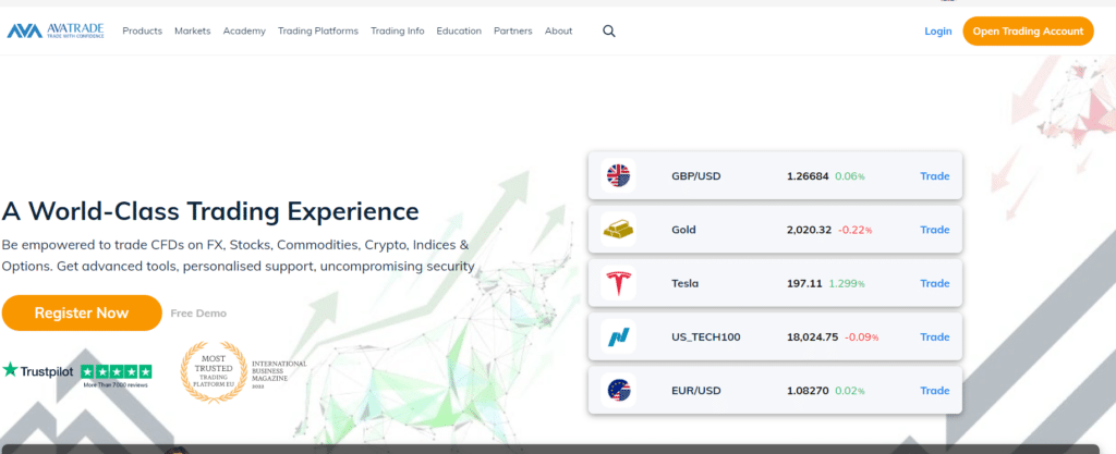 Avatrade desktop interface showcasing trading platform features