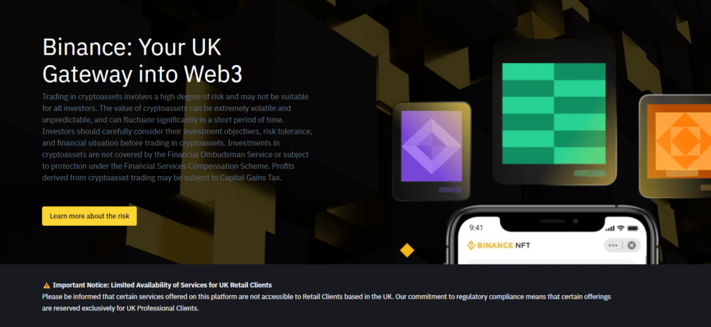 Binance homepage snapshot highlighting the world's largest trading volume and liquidity for cryptocurrency traders in the UK
