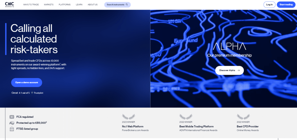 cmc markets home page shoing different investment and trading facilities