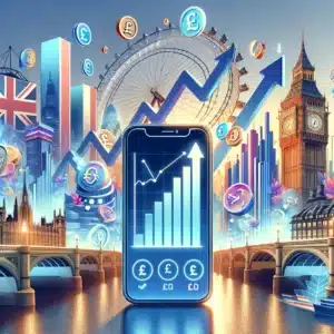 image showcasing a vibrant, digital landscape with futuristic smartphones and tablets floating against a backdrop of the UK skyline, each screen displaying the user interfaces of Trading 212 and Lightyear, symbolizing cutting-edge best free nvestment apps and opportunities in the UK for 2024.