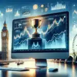 visualizing the concept of the "best day trading platform in the UK," featuring a modern trading interface with London landmarks in the background