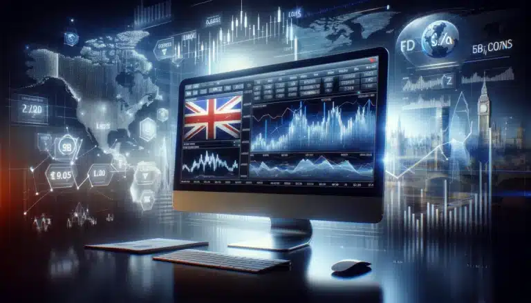 image designed to reflect the concept of the "best forex Broker in the UK," showcasing a sophisticated trading interface along with elements that highlight the UK's financial landscape. This visualization combines the essence of professional forex trading with a nod to the UK's iconic symbols, aiming to convey a sense of reliability and excellence in the forex market.