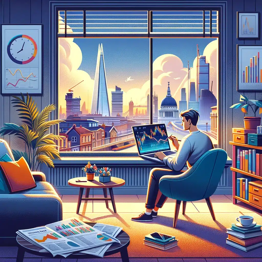 image that reflects how to invest in the stock market from the UK. It captures a character in a cozy, modern home office in London, engrossed in stock market research and analysis on their laptop, with a backdrop of the iconic London skyline