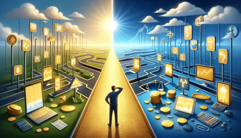 visual representation of "Choosing the Right Brokerage Platform," illustrating the journey from confusion to clarity. On the left, you can see the investor facing multiple options with uncertainty, and on the right, walking confidently on the chosen path, illuminated by technology and balanced considerations.