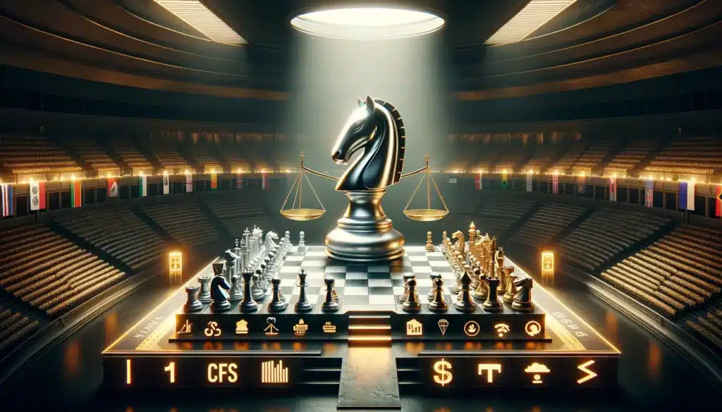 The image showcases a grand arena setting where Plus500 and Trading 212 are visualized as competing entities, represented by a silver knight and a golden rook, respectively. Each platform stands on its unique platform, highlighting its key features and user offerings. The balance scale in the center symbolizes the decision-making process users undergo, weighing the benefits of each platform according to their trading needs and preferences.