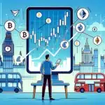 reflecting the concept of buying cryptocurrency in the UK without using letters or words. It features a person in front of a computer screen with market fluctuation charts, holding a smartphone that displays symbols of various cryptocurrencies