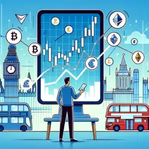 reflecting the concept of buying cryptocurrency in the UK without using letters or words. It features a person in front of a computer screen with market fluctuation charts, holding a smartphone that displays symbols of various cryptocurrencies