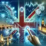 concept of buying crypto futures in the UK. It features a futuristic trading dashboard with cryptocurrency trends, subtly incorporating the Union Jack to blend the themes of the UK and financial technology. Iconic UK landmarks stylized with digital and crypto motifs serve as a backdrop, emphasizing the fusion of traditional UK imagery with modern crypto trading.