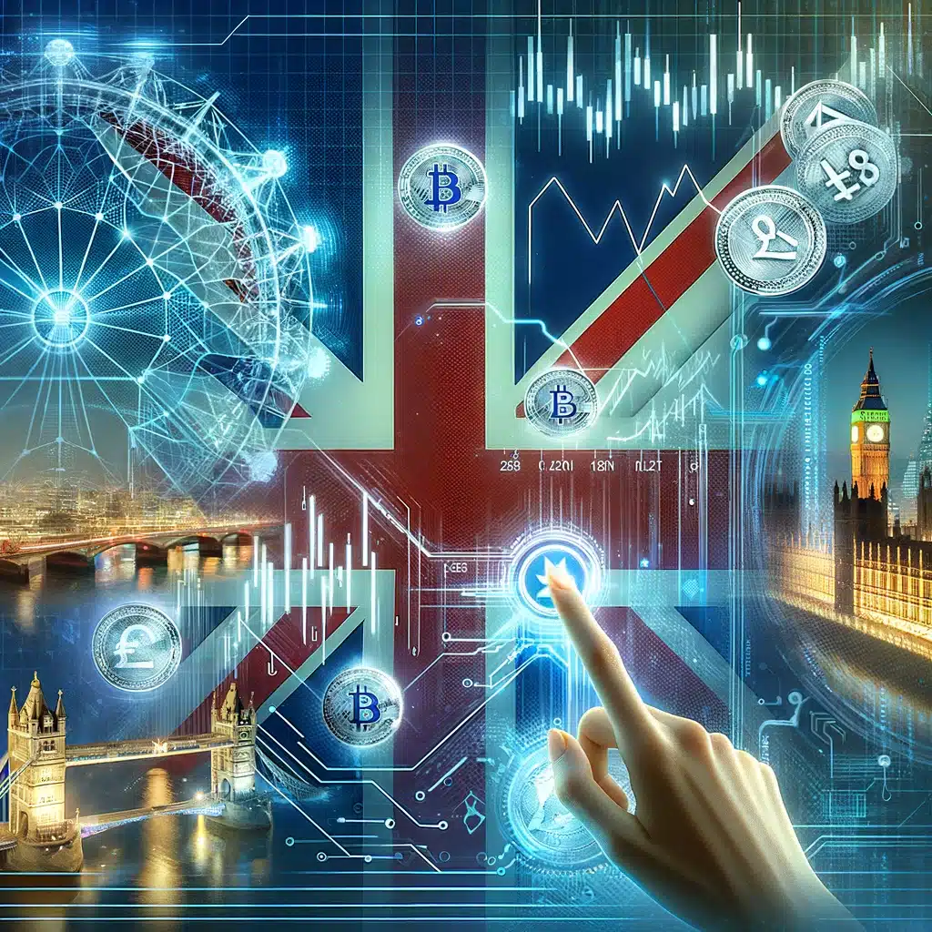 concept of buying crypto futures in the UK. It features a futuristic trading dashboard with cryptocurrency trends, subtly incorporating the Union Jack to blend the themes of the UK and financial technology. Iconic UK landmarks stylized with digital and crypto motifs serve as a backdrop, emphasizing the fusion of traditional UK imagery with modern crypto trading.