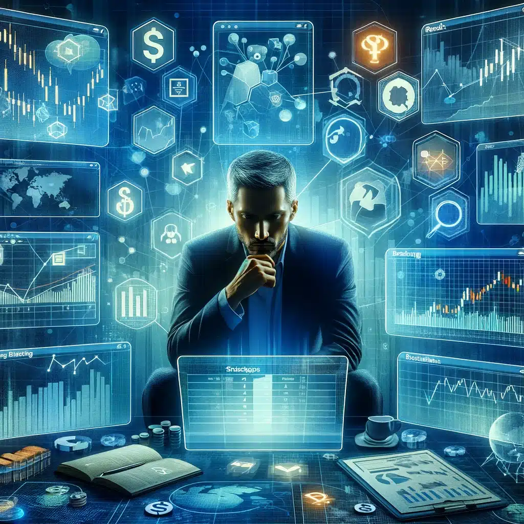 trading strategies and risk management. It visualizes the analytical and strategic aspects of trading through the depiction of a trader surrounded by various digital screens showcasing charts, graphs, and risk management tools. This illustration emphasizes the importance of a methodical approach to trading, including the evaluation of risks and rewards.