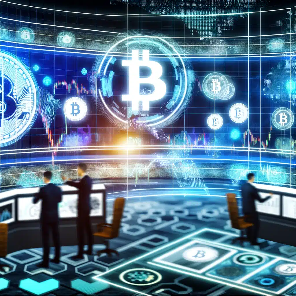 digital graphs, futuristic interfaces, and symbols representing Bitcoin, emphasizing the analytical and decision-making process in cryptocurrency trading. The scene conveys the excitement and complexity of navigating the Bitcoin futures market.