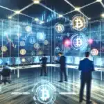 reflecting the concept of trading Bitcoin futures on a futuristic trading floor. This visual captures the dynamic and high-tech atmosphere of cryptocurrency trading, with traders analyzing trends and making strategic decisions.
