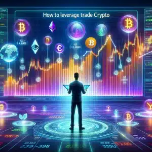 captures the essence of 'how to leverage trade crypto'. It features a person in front of a large digital display with cryptocurrency values, surrounded by holographic icons of various cryptocurrencies and visual metaphors for balancing risk and reward in a futuristic setting