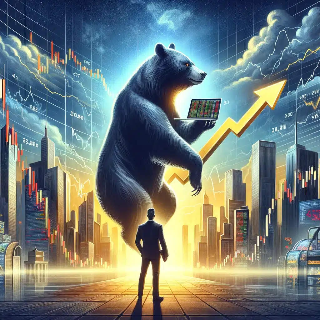 rtistic illustration that metaphorically captures the concept of 'how to short stocks'. It features a modern trader standing on a symbolic bear, with a background of a financial district and fluctuating stock market graphs. This scene creatively represents the strategic planning and risk-taking involved in short selling