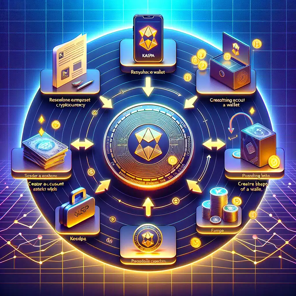 illustrating the process of buying Kaspa cryptocurrency. It visually guides you through each step, from researching Kaspa to making the purchase and safely storing your coins.