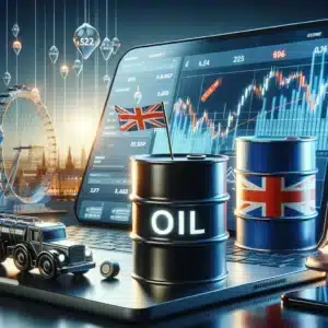 depicting the concept of trading oil online in the UK. It features a digital trading platform, an oil barrel to symbolize the commodity, and elements that highlight the UK context.