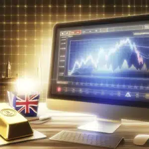 encapsulate the concept of trading gold online in the UK. They feature a blend of digital trading platforms, gold bars or coins, and elements that allude to British identity.