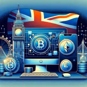 visualizing the concept of the "best crypto exchange in the UK." It merges elements of advanced technology, cryptocurrency symbols, and British identity to portray a leading, user-friendly crypto trading platform.