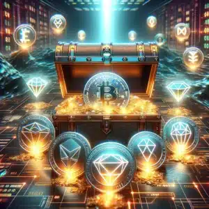 image depicting the concept of "Best Low Cap Crypto Gems for 2024," featuring a collection of luminous gems and symbols of emerging cryptocurrencies against a digital, futuristic landscape. It's designed to symbolize the potential and excitement surrounding these promising assets for the coming year.