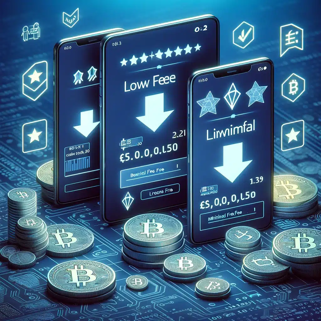 depicting "Crypto Platforms with the Lowest Fees," showcasing digital devices with app interfaces of various platforms known for their cost efficiency. The design emphasizes low transaction costs through symbolic elements, aiming to convey the value and technological sophistication of these platforms