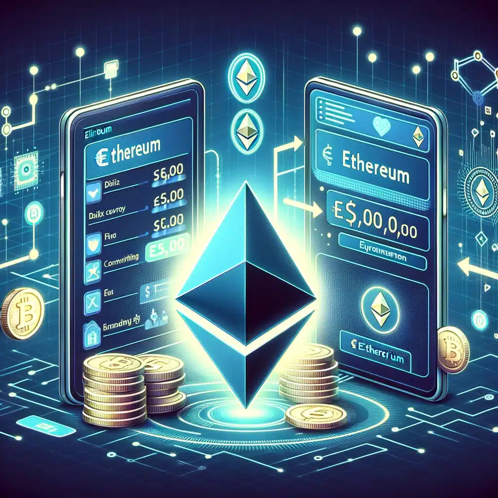 depicting the process of buying Ethereum, featuring a digital interface that highlights the transaction from fiat currency to Ethereum. The design incorporates Ethereum's logo and visual cues related to blockchain technology, aiming to convey the simplicity and innovation of the purchase process