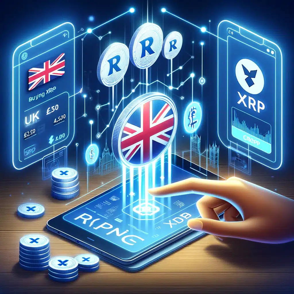 depicting the process of buying XRP in the UK, featuring a digital transaction interface and elements that tie it to the UK, such as symbols of British currency and the XRP logo. The design aims to convey the simplicity, security, and relevance of investing in XRP for UK residents.