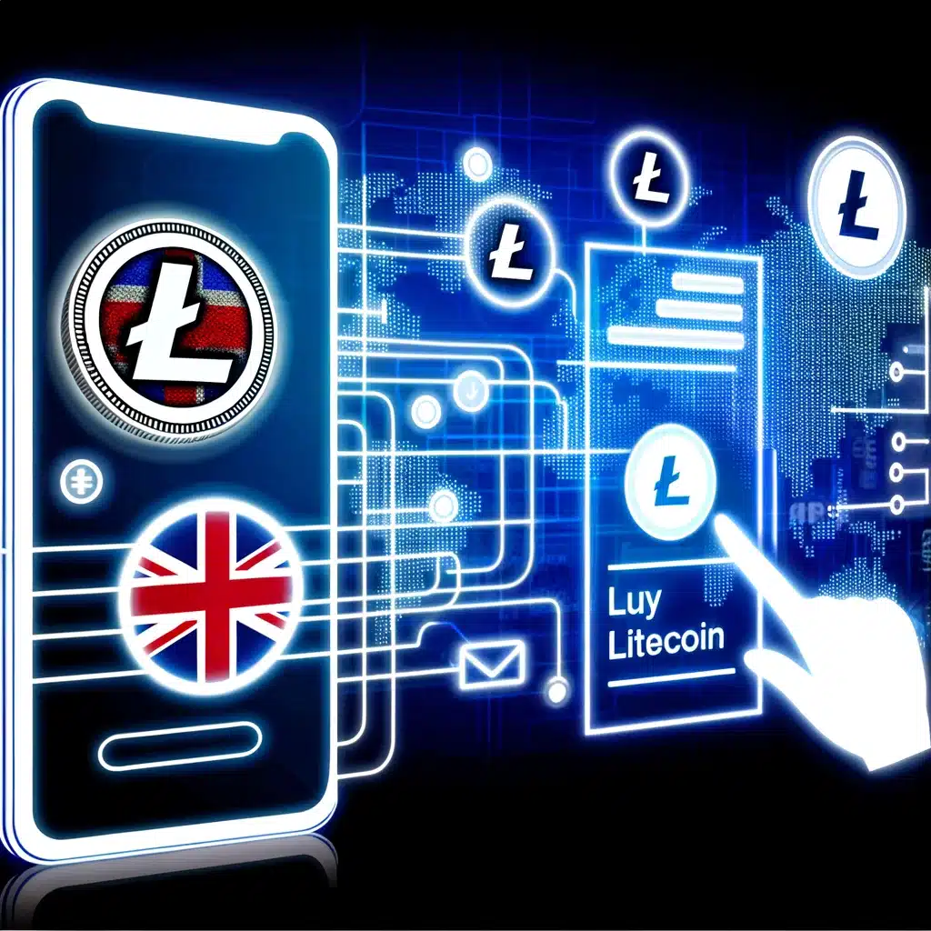 illustrating the process of buying Litecoin in the UK, featuring digital transaction interfaces and elements that tie the process to the UK, such as the Union Jack or London's skyline. These designs aim to convey the simplicity, security, and accessibility of investing in Litecoin for UK residents.