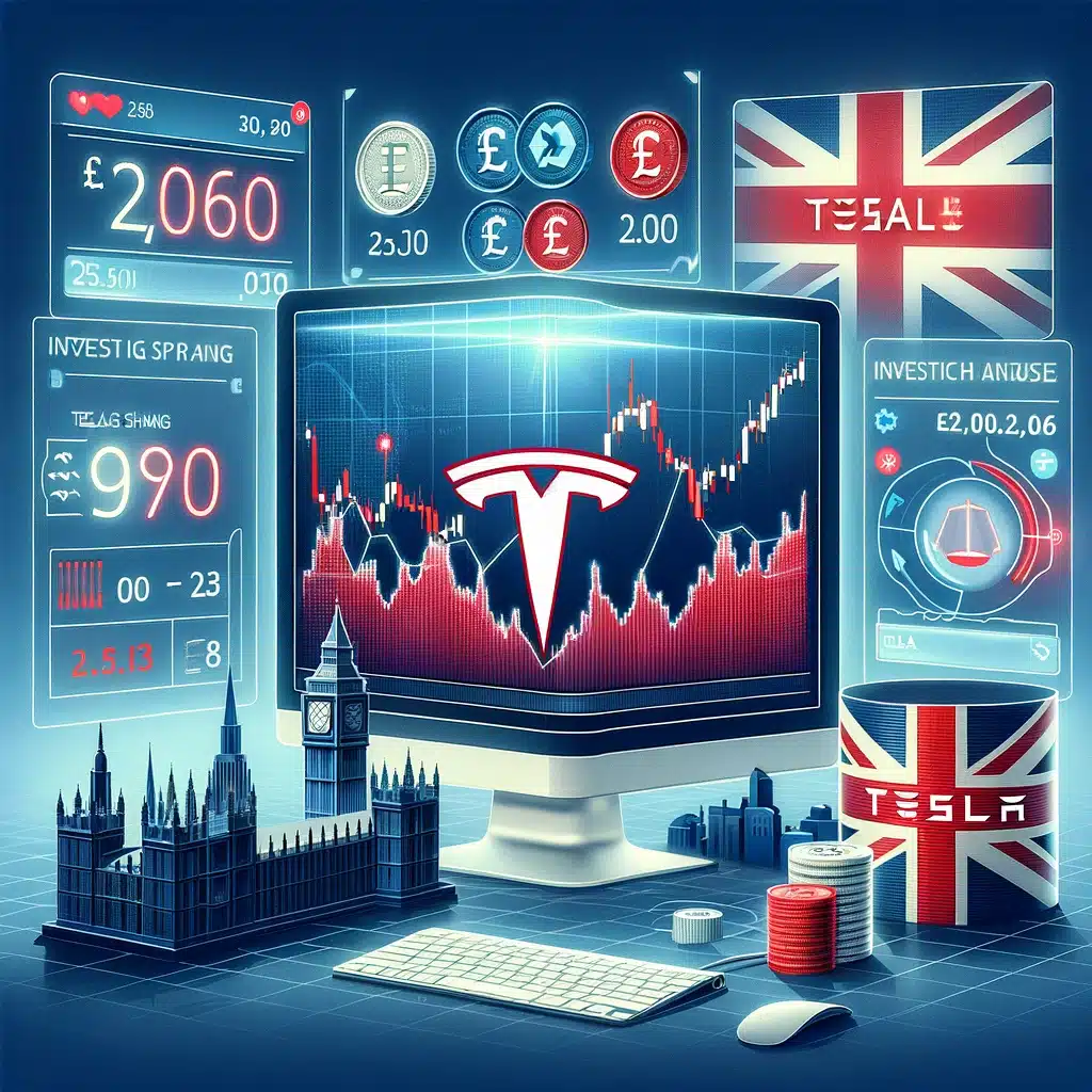 showcasing the process of buying Tesla shares in the UK, featuring a digital trading platform interface with Tesla's stock symbol and British elements to tie the investment process to the UK. The design aims to convey accessibility and the appeal of investing in Tesla to UK-based investors.
