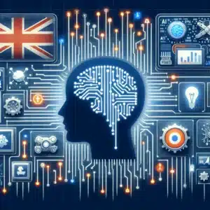showcasing the process of investing in artificial intelligence within the UK context. It features a digital investment platform interface highlighting AI opportunities, adorned with AI and British symbols to convey the innovative and forward-thinking nature of AI investments available to UK investors