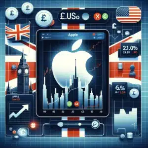 showcasing the process of buying Apple shares in the UK, featuring a digital trading platform interface with Apple's stock symbol and British elements to emphasize the investment process within the UK context. The design aims to convey accessibility and the strategic appeal of investing in Apple to UK-based investors.
