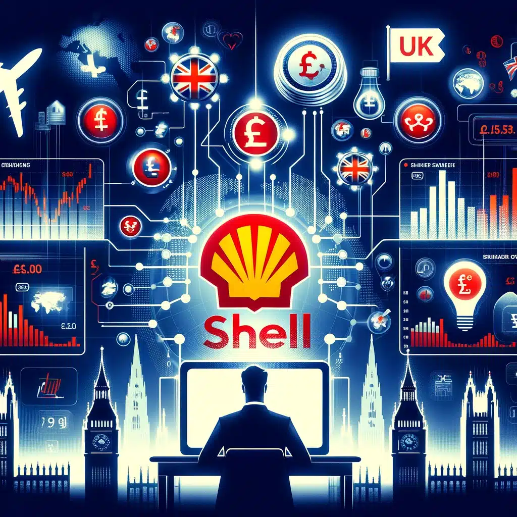 showcasing the process of buying Shell shares in the UK, featuring a digital trading platform interface with Shell's stock symbol and British elements to highlight the investment process within the UK energy sector. The design aims to convey the accessibility and strategic value of investing in Shell for UK-based investors