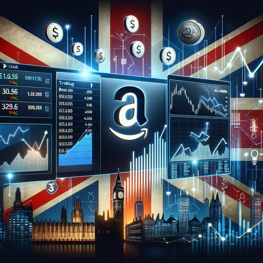 showcasing the process of buying Amazon shares in the UK, featuring a digital trading platform interface with Amazon's stock symbol and elements that tie the investment process to the UK. The design aims to convey the accessibility and strategic appeal of investing in Amazon to UK-based investors.