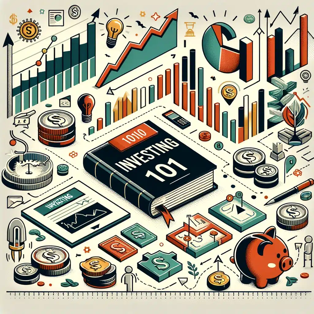image designed to capture the essence of investing for beginners, featuring elements that symbolize the first steps into the investment world. It includes educational materials, simple growth charts, and icons of various investment vehicles, set against a backdrop that suggests a path of learning and growth. The overall aesthetic is aimed at welcoming new investors and demystifying the investment process.