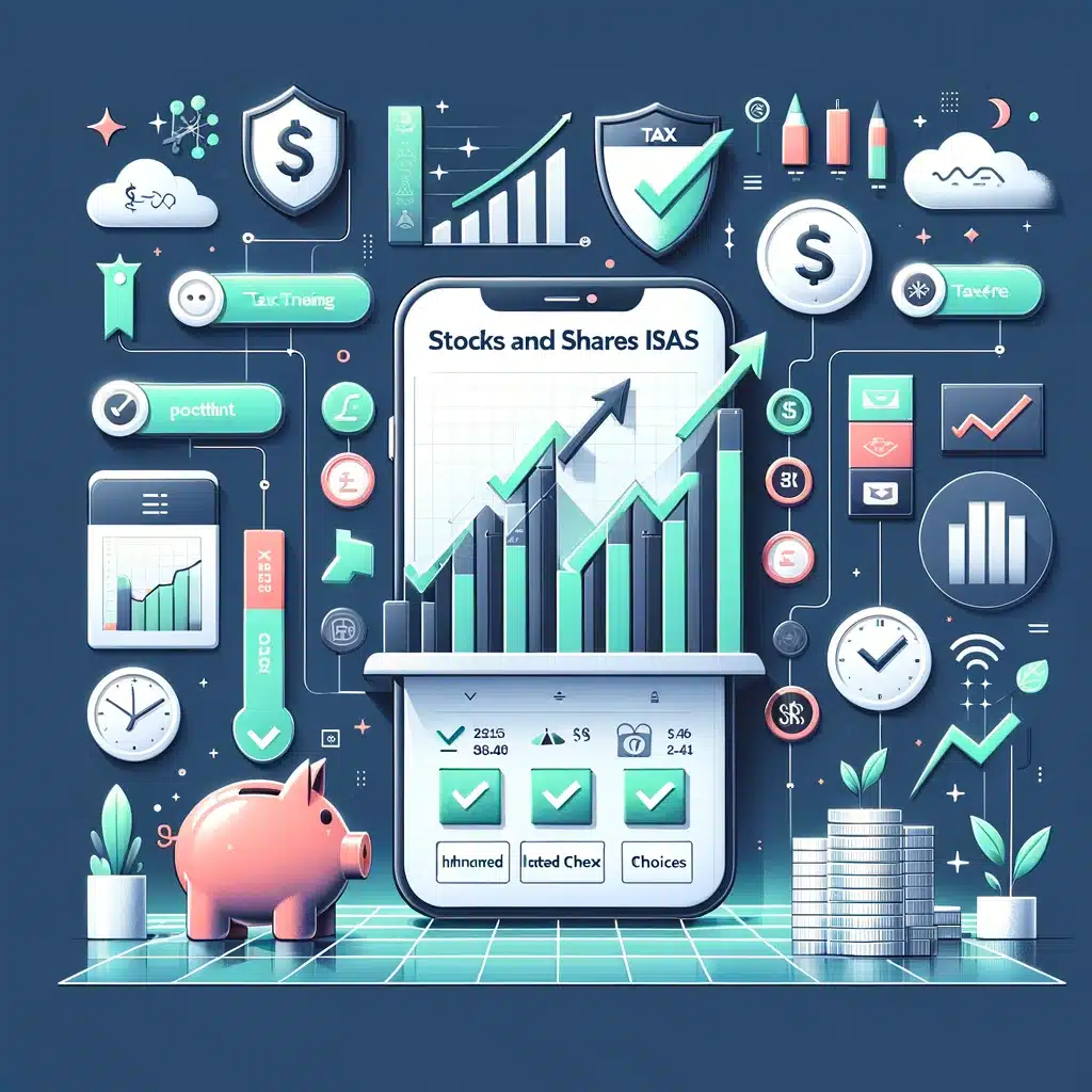 showcasing the concept of the Best Stocks and Shares ISAs, featuring a digital investment platform interface that highlights a portfolio of top-performing stocks and shares, along with visual symbols of tax efficiency and informed investment choices. The design aims to convey the benefits of investing in Stocks and Shares ISAs, such as potential for growth and tax savings, in a modern and engaging way.